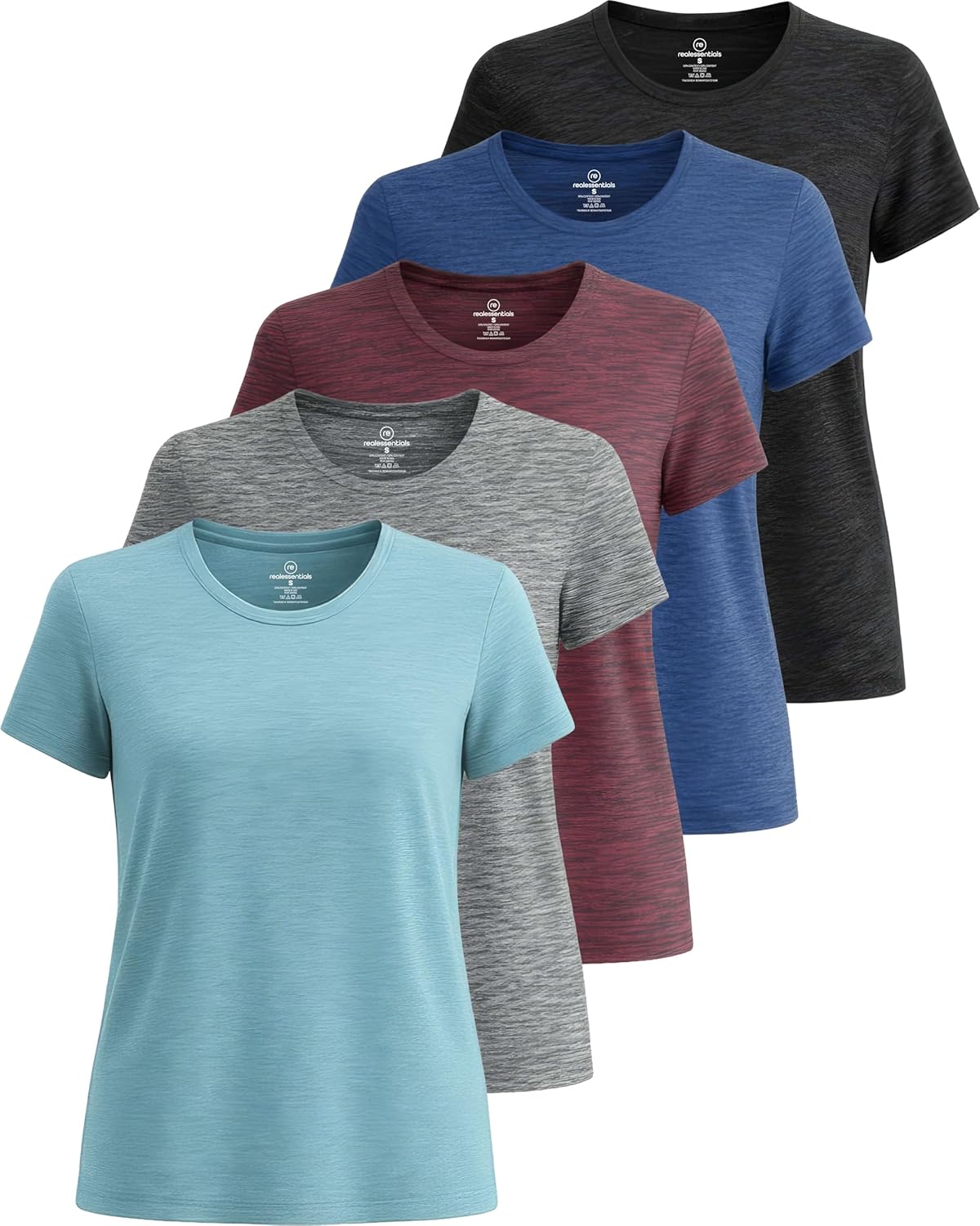 Real Essentials 5 Pack: Women’s Short Sleeve T-Shirts Workout Tops Fitness Pilates Gym Activewear Athletic (Plus Available)