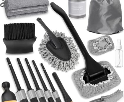 Windshield Cleaner Tool, 18Pcs Car Interior Detailing Brush Set, Inside Windshield Cleaning Kit with 2 Microfiber Pads, Duster Brush, Cleaning Gel, Car Detailing Supplies for Women & Men