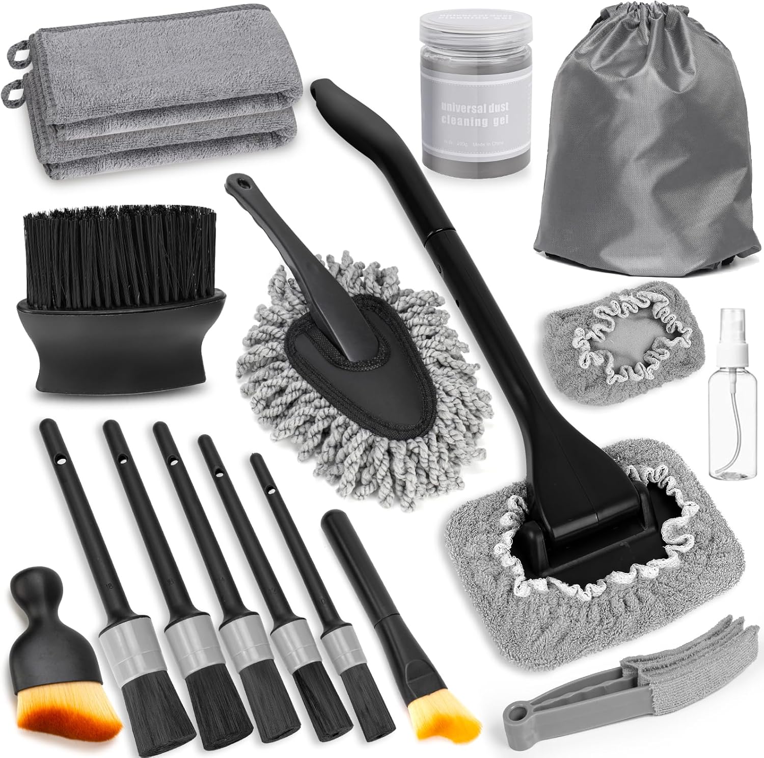 Windshield Cleaner Tool, 18Pcs Car Interior Detailing Brush Set, Inside Windshield Cleaning Kit with 2 Microfiber Pads, Duster Brush, Cleaning Gel, Car Detailing Supplies for Women & Men