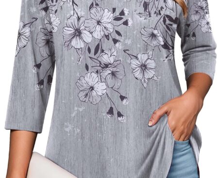 Zeagoo Womens 3/4 Length Sleeve Tops V Neck Tunic Casual Dressy Blouse Floral Printed Shirts