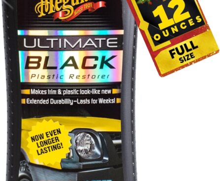 Meguiar’s Ultimate Black Plastic Restorer, Durable Car Restorer for Faded Black Plastic, Vinyl, and Rubber, Restores Deep Color and Shine, for Car Guys, 12 Oz