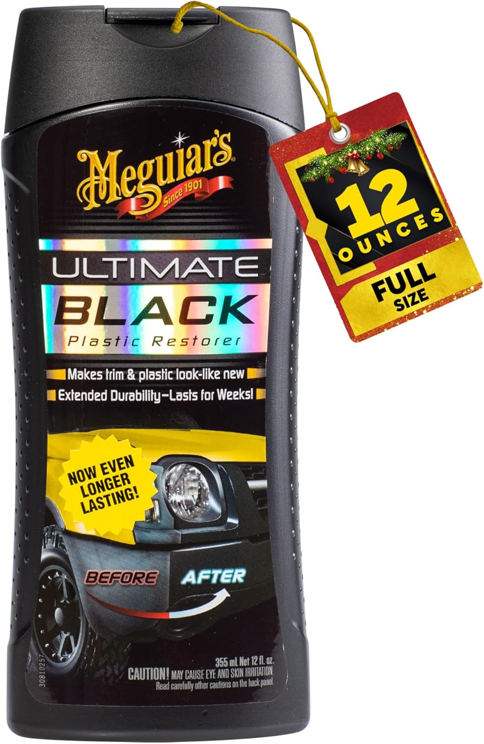 Meguiar’s Ultimate Black Plastic Restorer, Durable Car Restorer for Faded Black Plastic, Vinyl, and Rubber, Restores Deep Color and Shine, for Car Guys, 12 Oz
