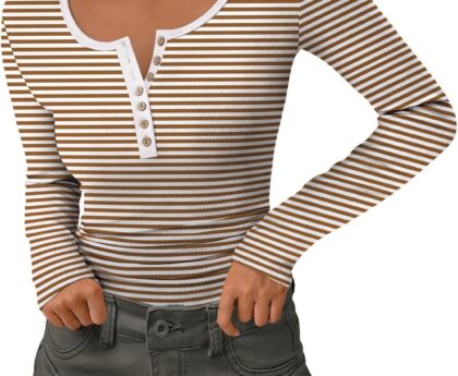 Zeagoo Womens Long Sleeve Henley T Shirts Button Ribbed Knit Slim Fitted Tee Tops Basic Casual Work Blouse XS-XXL
