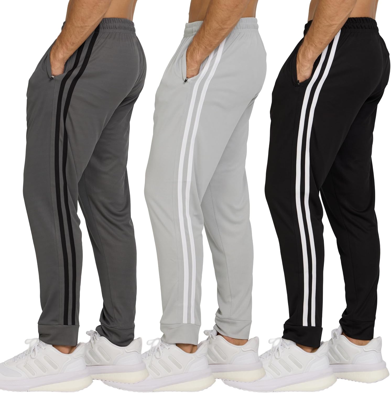 PURE CHAMP Men’s 3 Pack Mesh Joggers with Zipper Pockets, Athletic Pants for Men – Moisture-Wicking Gym Sweatpants Men