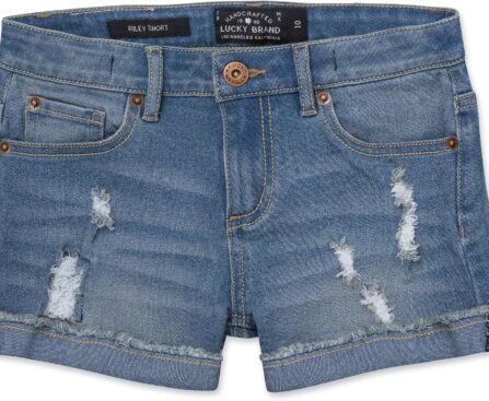 Lucky Brand Girls Cuffed Jean Shorts, Stretch Denim with 5 Pockets, Mid to High Rise Waist