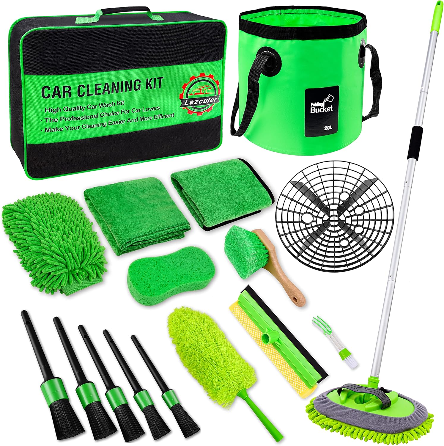 17Pcs Car Wash Kit,62″ Car Wash Brush Mop with Long Handle,Car Cleaning Kit,Car Detailing Brush Set,Car Wash Bucket,Car Wheel Brush,Complete Interior Car Cleaning Supplies