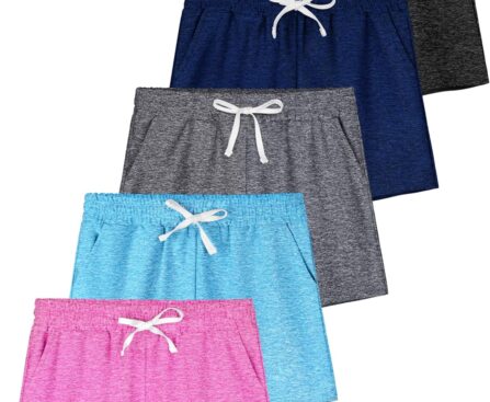 QWE 5 Pack Girls Shorts Athletic Soccer Running Performance Active Dry-Fit Sports Basketball Shorts with Drawstring Pocket