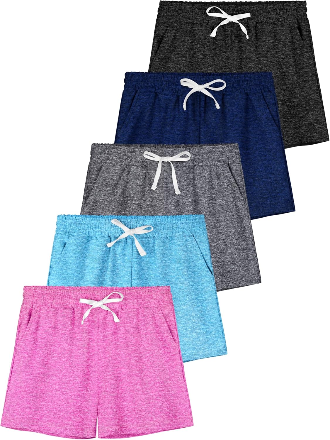 QWE 5 Pack Girls Shorts Athletic Soccer Running Performance Active Dry-Fit Sports Basketball Shorts with Drawstring Pocket