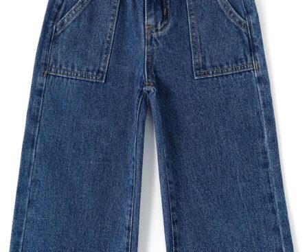 KIDSCOOL SPACE Baby Girls Jeans,Toddler Elastic Waist with D-Ring Slant Pockets Wide-Leg Denim Pants