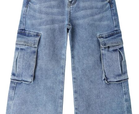 KIDSCOOL SPACE Girls’ Cargo Jeans with Flap Pocket, Wide Leg and Split Hem Boyfriend Denim Pants
