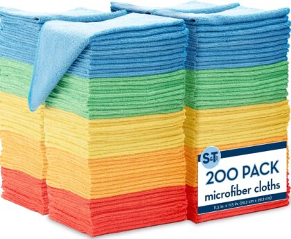 S&T INC. 200 Pack Microfiber Cleaning Cloth, Bulk Towels for Home, Reusable Microfiber Towels for Cars, Cleaning Rags, Assorted, 11.5 Inches x 11.5 Inches, 200 Count