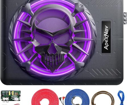 10″ 1200W Slim Under Seat Powered Car Subwoofer, Car/Truck Audio subwoofer and amp Package,Pure Bass sub with LED Ambient Light (Subwoofer+Installation Wire Kit)