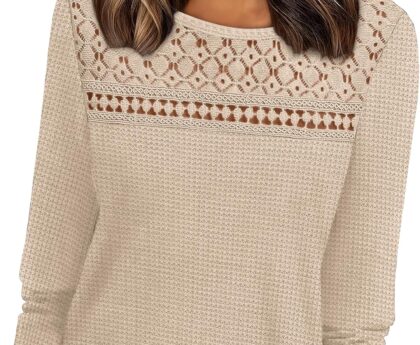 WIHOLL Womens Lace Long Sleeve Shirts Fall Tops Fashion Dressy Casual Lightweight Sweaters Mesh Clothes Trendy Waffle Knit