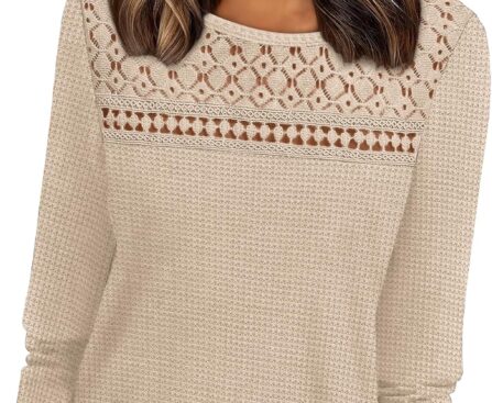 WIHOLL Womens Lace Long Sleeve Shirts Fall Tops Fashion Dressy Casual Lightweight Sweaters Mesh Clothes Trendy Waffle Knit