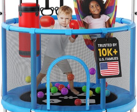 Happin® 55’’ Trampoline for Kids with Safety Enclosure, Indoor & Outdoor Toddler Trampoline, Ultra Safe Design with Multi Activity Accessories, Perfect Toddler Gift for Boys & Girls Ages 1–8