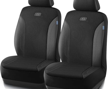Skechers Car Seat Covers, Work Leather Seat Covers 5-Times Stronger Built-in Webbing, Oxford Fabric Front Seat Cover, Airbag Compatible, Automotive Comfort for Cars, Trucks, SUVs,Black