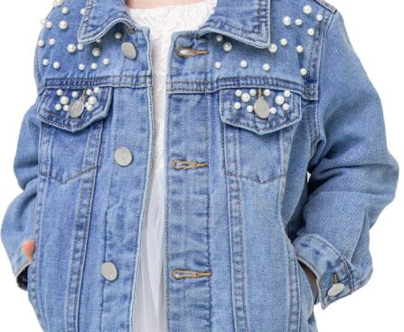 Miipat Toddler Girls Denim Jacket Sequin Patchwork Jean Jacket Little Kids Button Down Long Sleeve Jean Coat