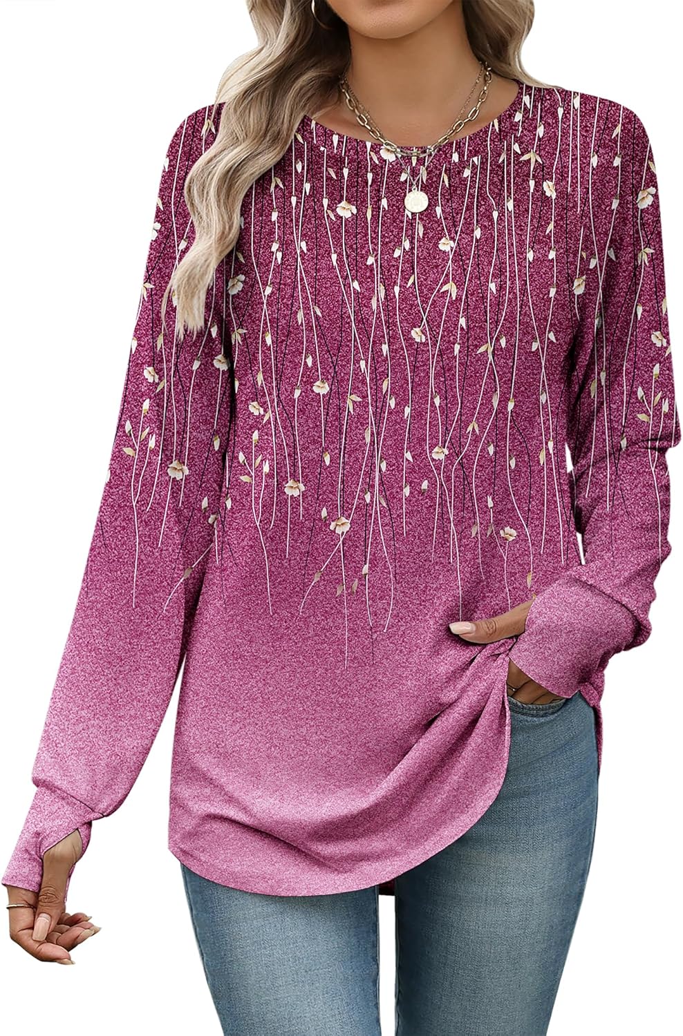 Zeagoo Women’s Casual Long Sleeve Shirts Crew Neck Round Hem Loose T-Shirts Tunic Tops with Thumb Holes