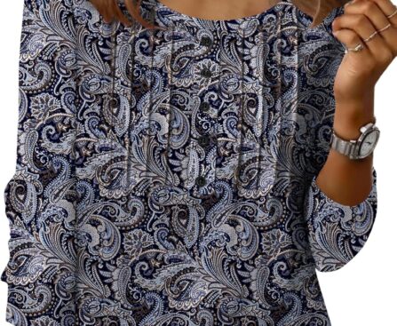 Zeagoo 3/4 Length Sleeve Womens Tops Round Neck Casual Summer Tunic Tops Basic Tees Blouses Dressy T-Shirts Pleated Shirts