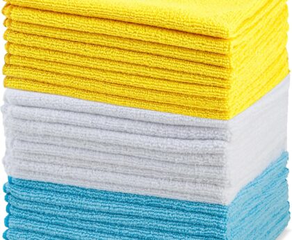 Amazon Basics Microfiber Cleaning Cloths, Ultra Absorbent, Lint Free, Streak Free, Non-Abrasive, Reusable and Washable, 16″ x 12″, Blue/White/Yellow, Pack of 24