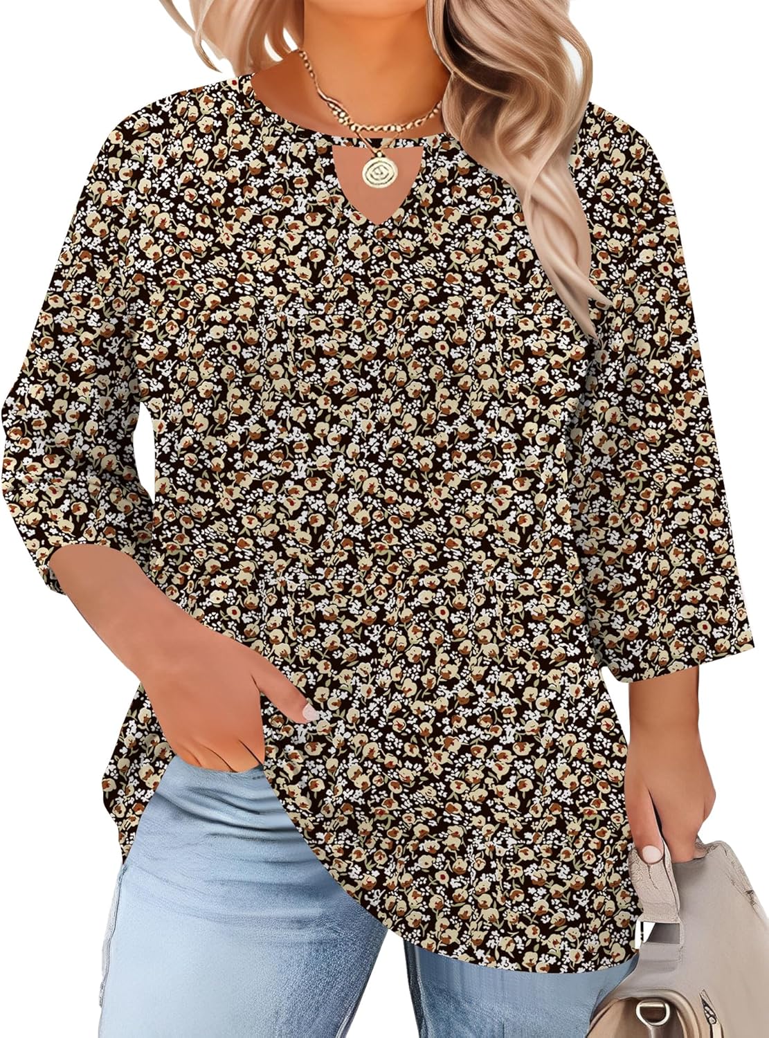 Rapbin Womens Plus Size Tops 3/4 Length Sleeve Shirts Crewneck Dressy Casual Blouses Trendy Keyhole Tunic Top XL-5XL