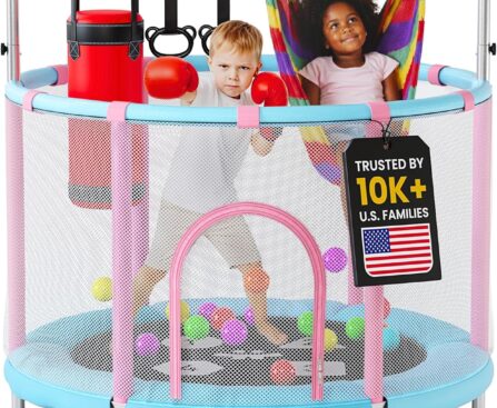 Happin® 55’’ Trampoline for Kids with Safety Enclosure, Indoor & Outdoor Toddler Trampoline, Ultra Safe Design with Multi Activity Accessories, Perfect Toddler Gift for Boys & Girls Ages 1–8