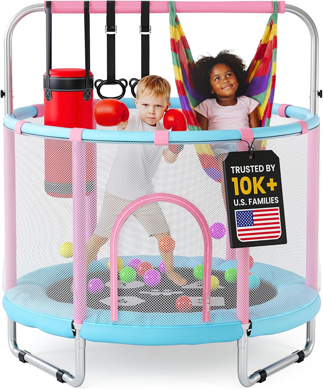 Happin® 55’’ Trampoline for Kids with Safety Enclosure, Indoor & Outdoor Toddler Trampoline, Ultra Safe Design with Multi Activity Accessories, Perfect Toddler Gift for Boys & Girls Ages 1–8