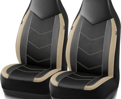 PIC AUTO Leather Car Seat Covers, Sports Carbon Fiber & Mesh Design, High-Back Two Front Set, Waterproof Automotive Seat Covers, Airbag Compatible, Universal Fit for Most Cars (Black & Beige)