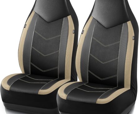 PIC AUTO Leather Car Seat Covers, Sports Carbon Fiber & Mesh Design, High-Back Two Front Set, Waterproof Automotive Seat Covers, Airbag Compatible, Universal Fit for Most Cars (Black & Beige)