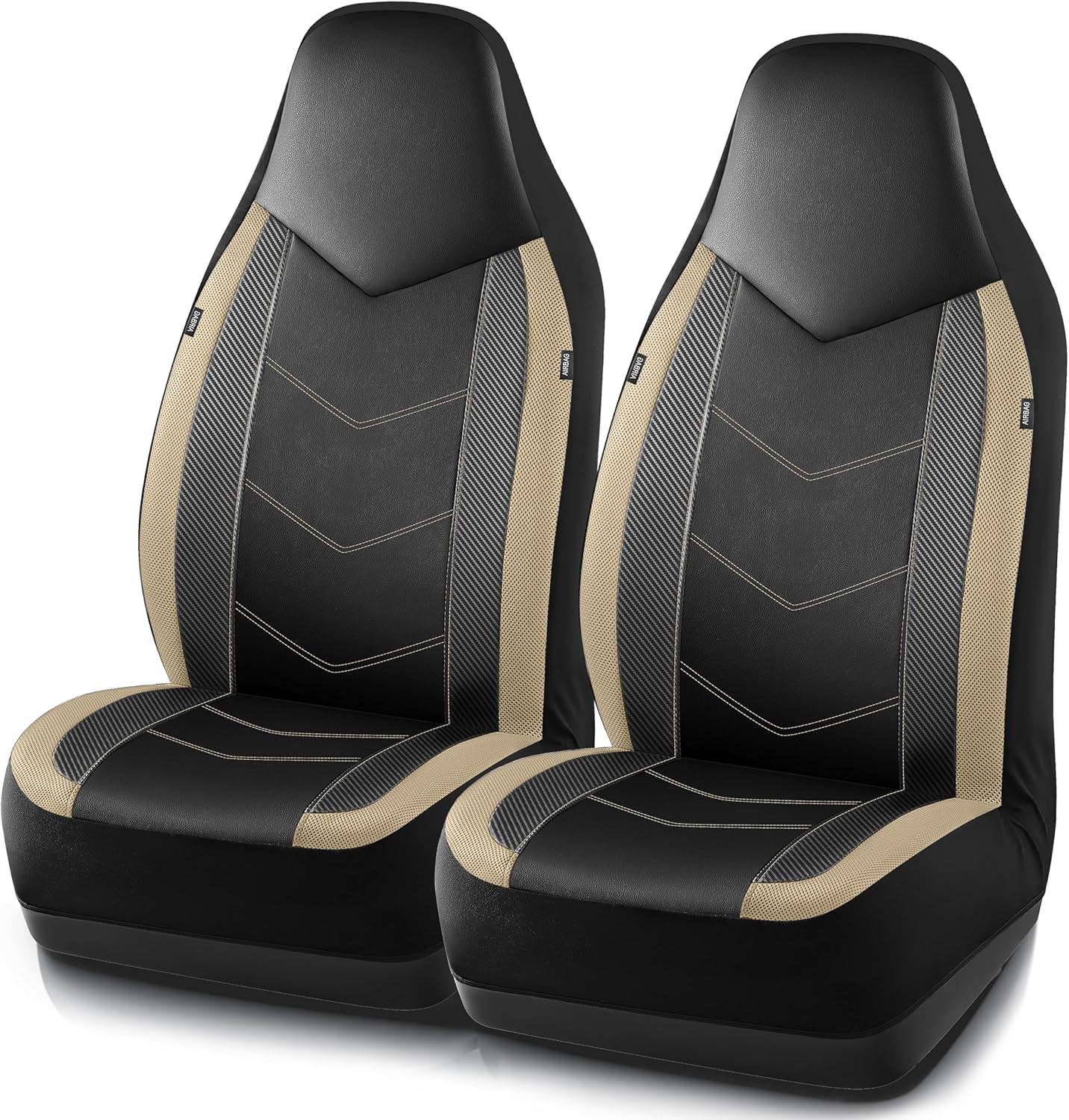 PIC AUTO Leather Car Seat Covers, Sports Carbon Fiber & Mesh Design, High-Back Two Front Set, Waterproof Automotive Seat Covers, Airbag Compatible, Universal Fit for Most Cars (Black & Beige)