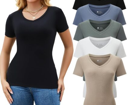 5 Pack Womens T Shirts Short Sleeve Basic Tees V Neck Fashion Tops Slim Fit Casual Summer Outfits Clothes 2025