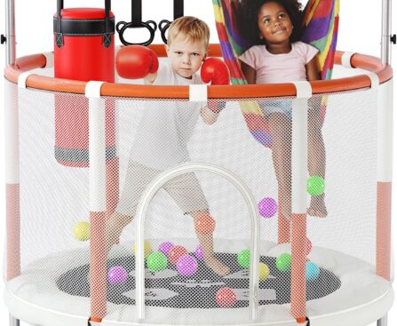 Happin® 55’’ Trampoline for Kids with Safety Enclosure, Indoor & Outdoor Toddler Trampoline, Ultra Safe Design with Multi Activity Accessories, Perfect Toddler Gift for Boys & Girls Ages 1–8