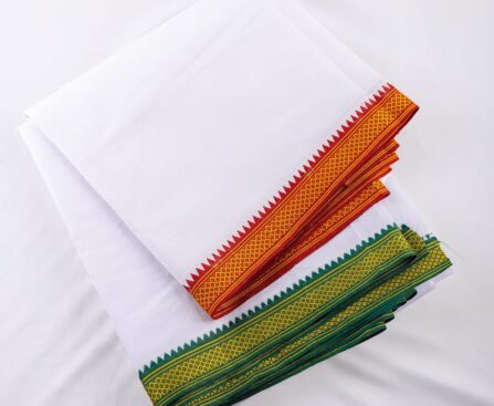 Cotton Dhoti Vesti Mundu Single Layer Traditional Ethnic Wear White with Colored Large Border 3.6 meters for Wedding New Year Temple Puja Rituals Housewarming and Gifting (Red and Green Border)