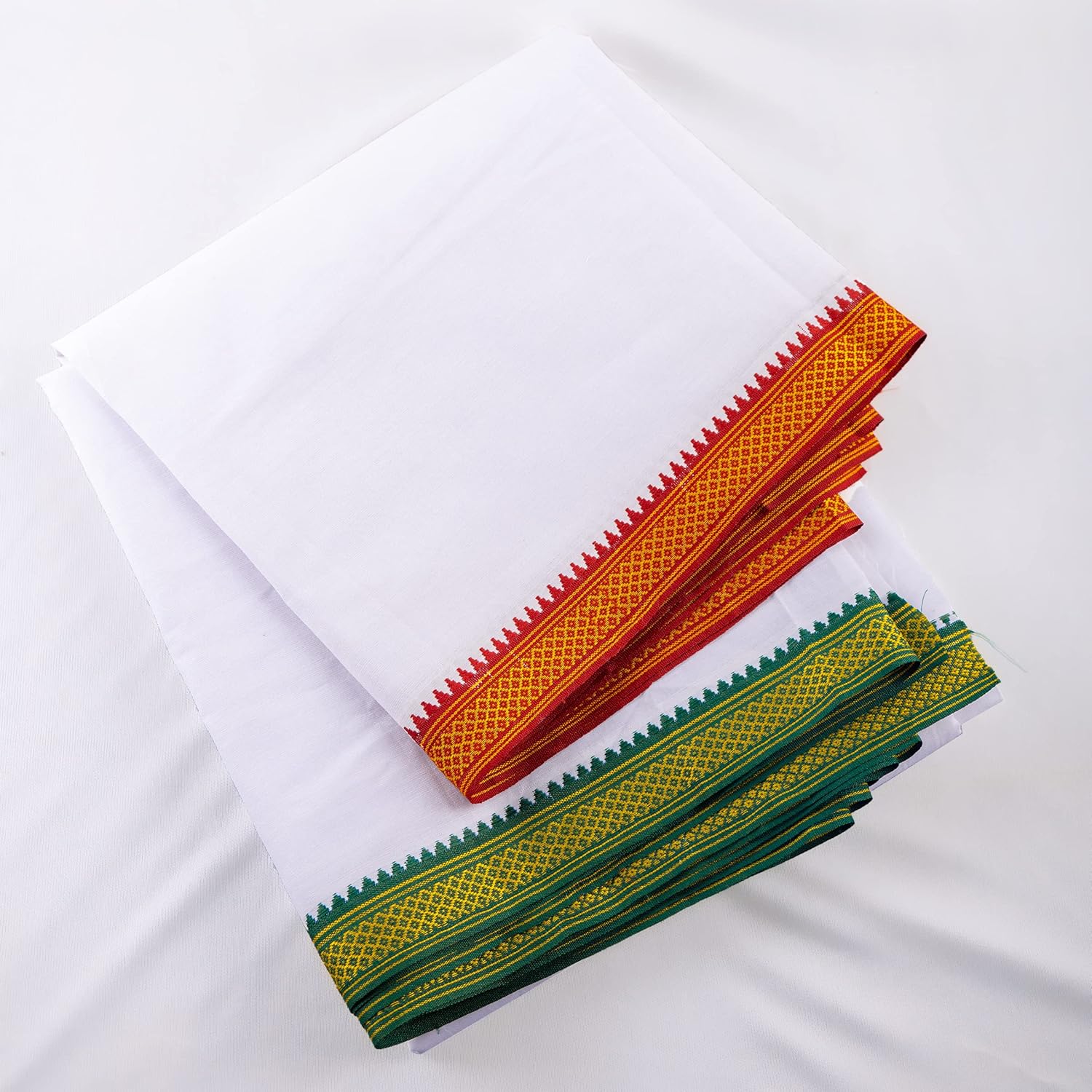 Cotton Dhoti Vesti Mundu Single Layer Traditional Ethnic Wear White with Colored Large Border 3.6 meters for Wedding New Year Temple Puja Rituals Housewarming and Gifting (Red and Green Border)