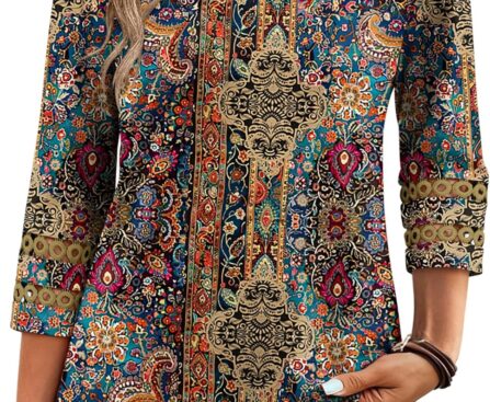 Zeagoo 3/4 Length Sleeve Womens Tops V Neck Dressy Casual Blouses Trendy Eyelet T Shirts Work Clothes S-XXL