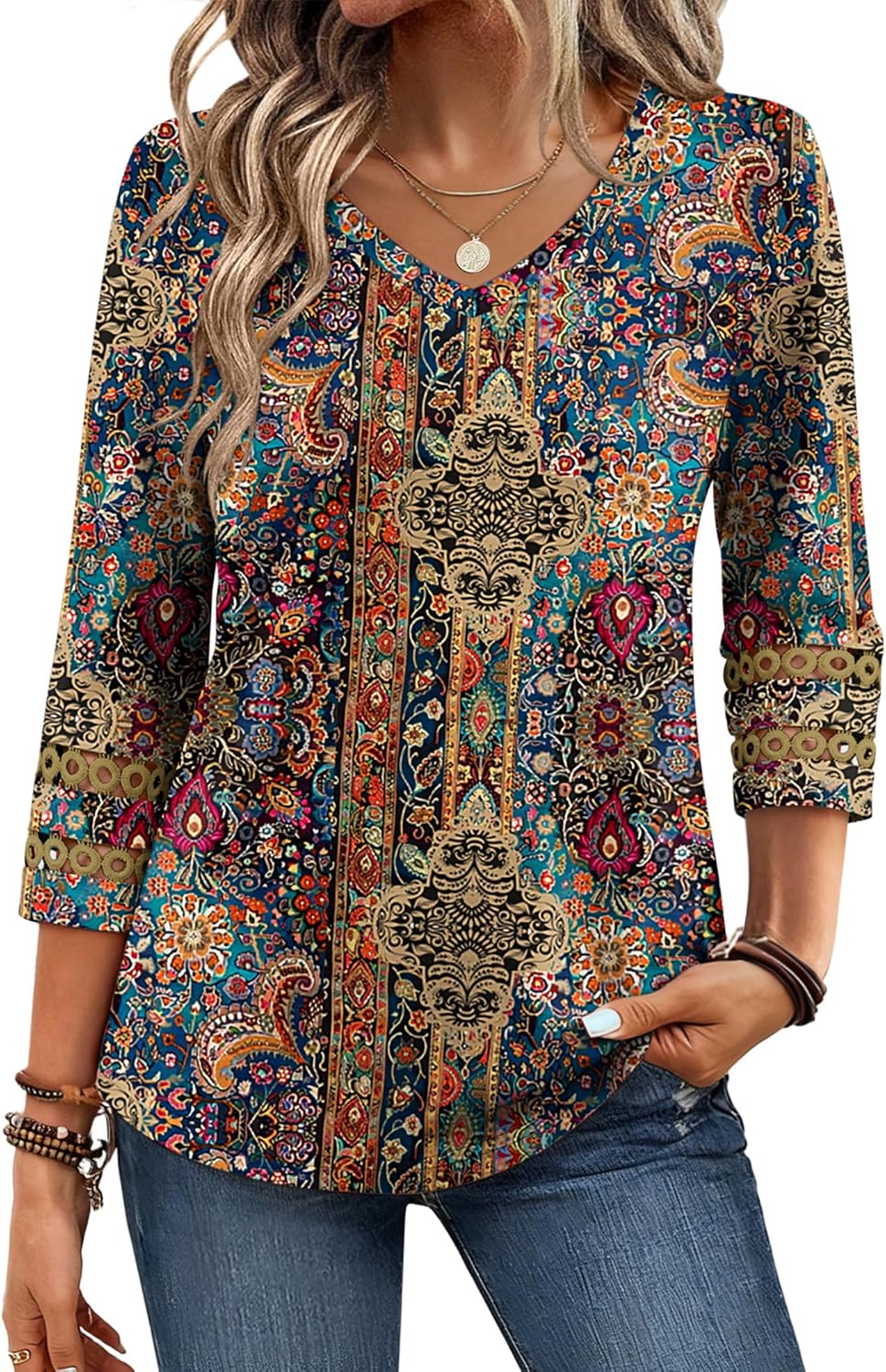 Zeagoo 3/4 Length Sleeve Womens Tops V Neck Dressy Casual Blouses Trendy Eyelet T Shirts Work Clothes S-XXL