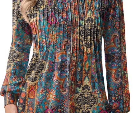 Zeagoo Long Sleeve Shirts for Women Casual V Neck Top Pleated Floral Boho Blouses 2025 Fall Tunics