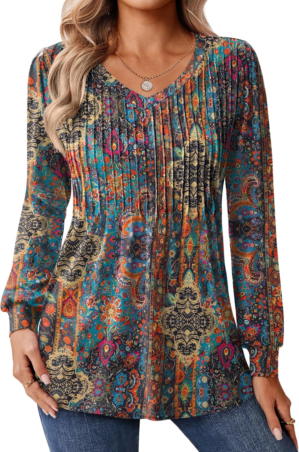 Zeagoo Long Sleeve Shirts for Women Casual V Neck Top Pleated Floral Boho Blouses 2025 Fall Tunics
