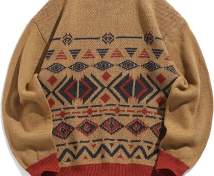 ZAFUL Men’s Ethnic Knit Sweater Vintage Graphic Long Sleeve Pullover Crew Neck Striped Jumpers