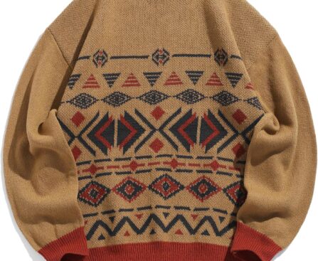 ZAFUL Men’s Ethnic Knit Sweater Vintage Graphic Long Sleeve Pullover Crew Neck Striped Jumpers