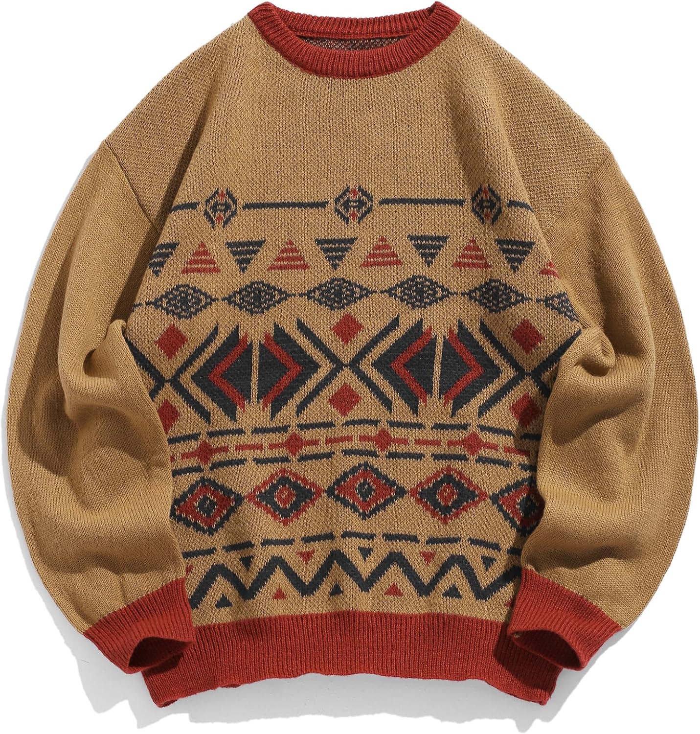 ZAFUL Men’s Ethnic Knit Sweater Vintage Graphic Long Sleeve Pullover Crew Neck Striped Jumpers