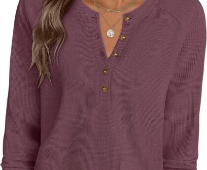 ANRABESS Women’s Long Sleeve Waffle Knit Shirts Dressy Casual Loose Button Up V Neck Henley Tops 2025 Fall Basic Tee Blouse