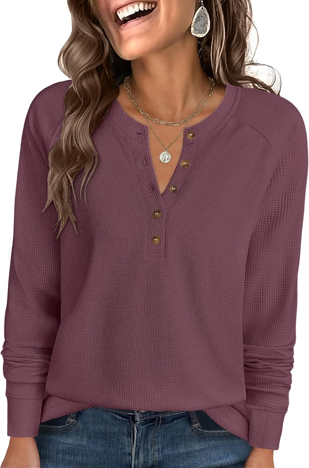 ANRABESS Women’s Long Sleeve Waffle Knit Shirts Dressy Casual Loose Button Up V Neck Henley Tops 2025 Fall Basic Tee Blouse
