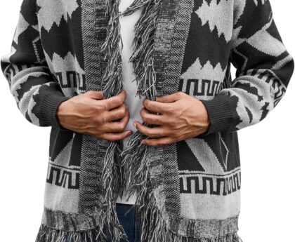 ZAFUL Men’s Cardigan Sweater V Neck Button Up Sweater Long Sleeve Casual Satellite Pattern Knitted Sweater