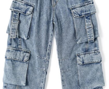 KIDSCOOL SPACE 8-Pocket Girls Wide-Leg Denim Pants, 5-14T Ribbed Elastic Waist with D-Ring Loops Cargo Jeans