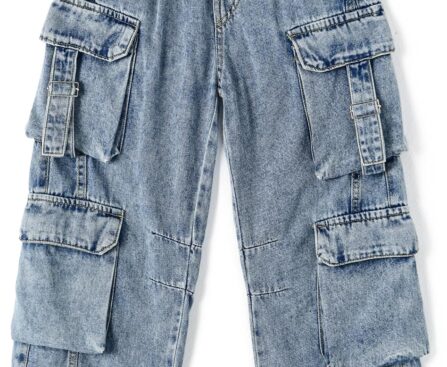 KIDSCOOL SPACE 8-Pocket Girls Wide-Leg Denim Pants, 5-14T Ribbed Elastic Waist with D-Ring Loops Cargo Jeans