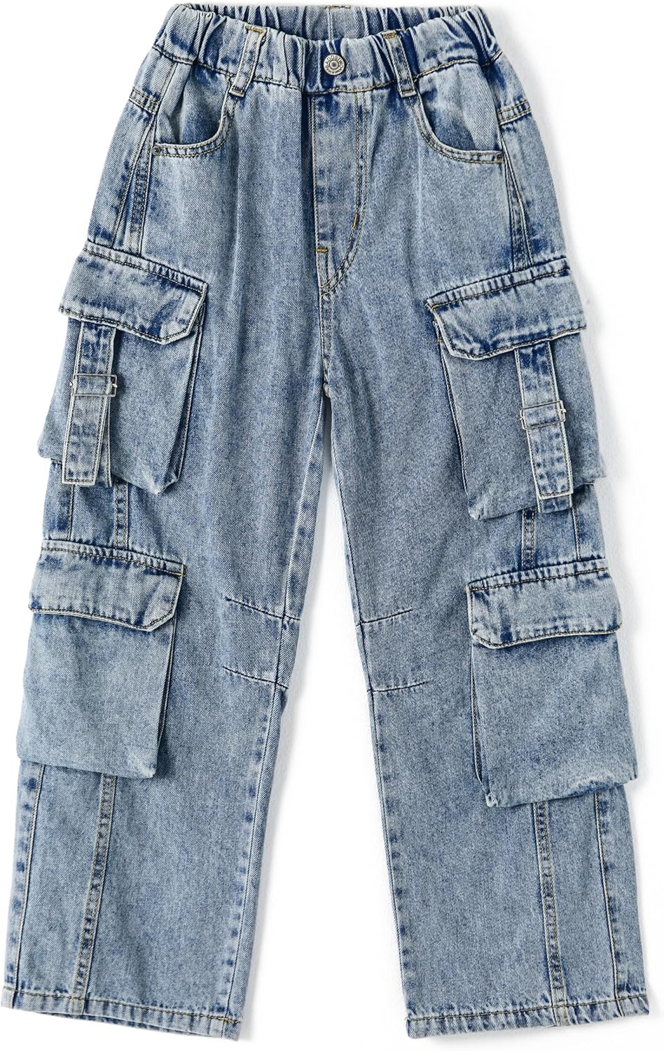 KIDSCOOL SPACE 8-Pocket Girls Wide-Leg Denim Pants, 5-14T Ribbed Elastic Waist with D-Ring Loops Cargo Jeans