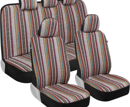 BDK Saddle Blanket Seat Covers for Cars Full Set – Multi-Color Baja Striped Woven Mexican with Matching Headrest Covers for Truck Auto Van SUV