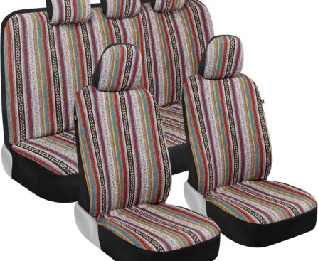 BDK Saddle Blanket Seat Covers for Cars Full Set – Multi-Color Baja Striped Woven Mexican with Matching Headrest Covers for Truck Auto Van SUV