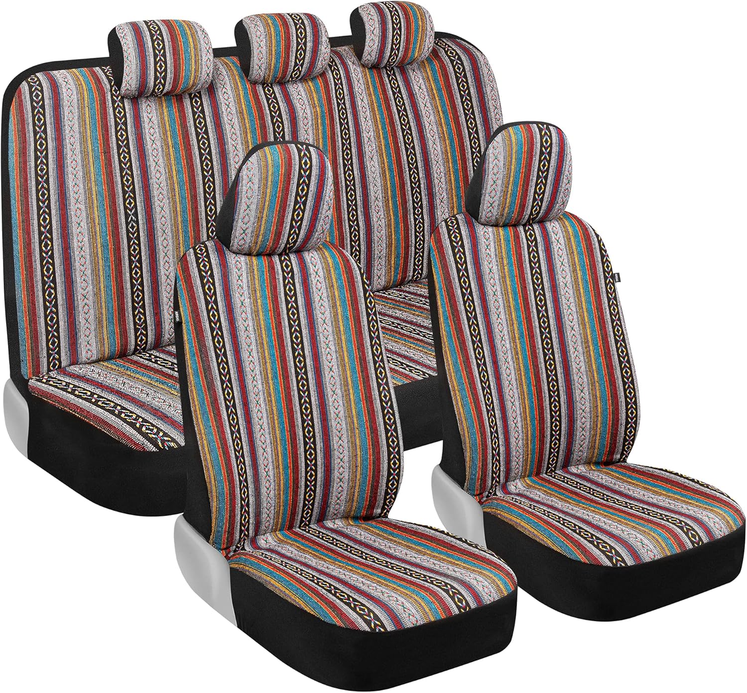 BDK Saddle Blanket Seat Covers for Cars Full Set – Multi-Color Baja Striped Woven Mexican with Matching Headrest Covers for Truck Auto Van SUV